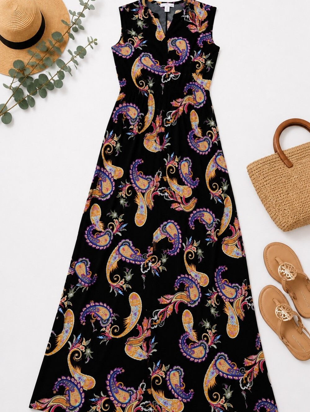Cache Black Paisley Maxi Dress with Purple & Gold Accents Small